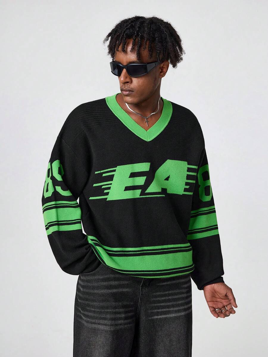 Manfinity EMRG Men's Solid Color Patchwork Letter Print Knit Casual Pullover
