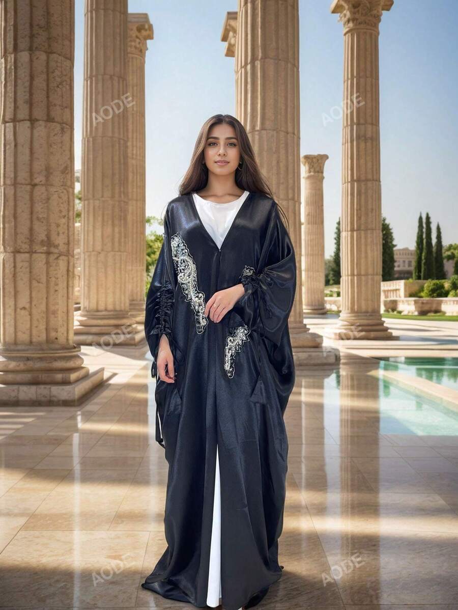 Chaqueta de manga murciélago con flecos y abierta al frente de moda femenina bordada con cuentas y lentejuelas