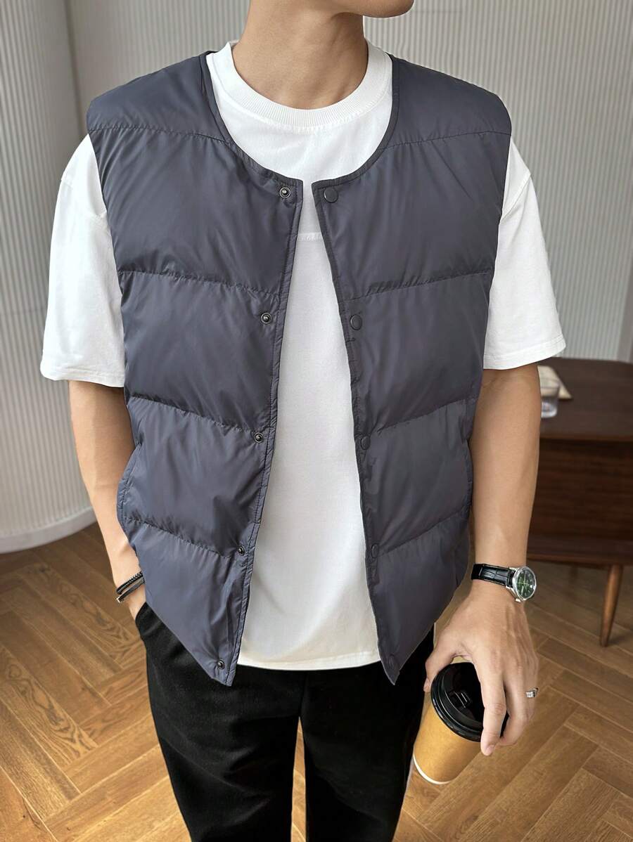 Manfinity Hypemode Men's Casual Solid Color Button Front Vest, Autumn/Winter