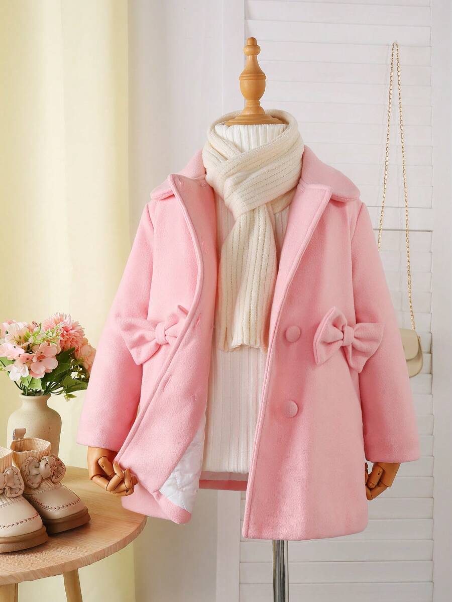 SHEIN Girls' Sweet Ladylike Wide Collar Loose-Fit Drop Shoulder Long Sleeve Thick Woolen Coat With 3D Bow, Solid Color, Autumn/Winter