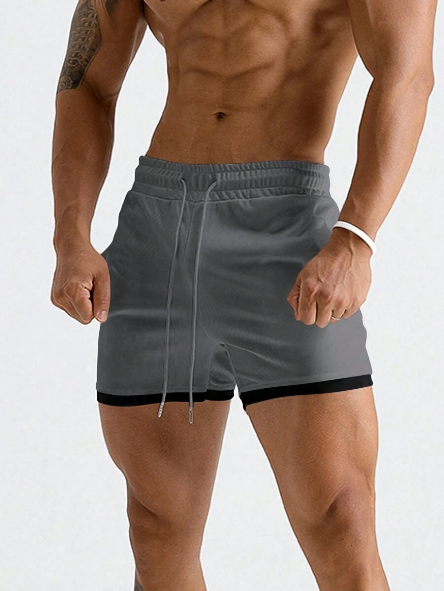 Manfinity Fitness Boyfriend Style Men's Drawstring Waist Contrast Color Casual Athletic Sports Shorts Grey Shorts