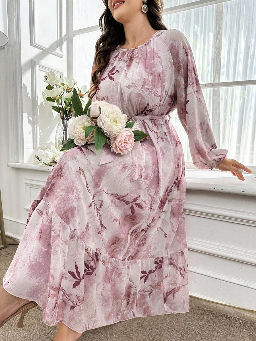 Modelyn Plus Size Round Neck Long Sleeve Allover Print Waist Tie Elegant Dress, Full Cover Dress For Casual Daily/Work/Holiday/Evening Parties/Wedding Guest Long Evening Dresses