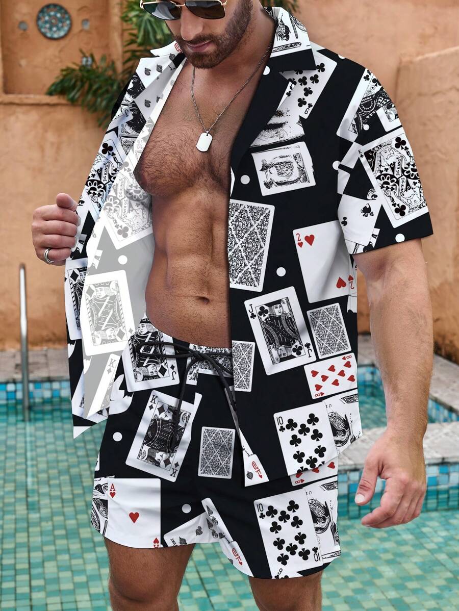 Manfinity Swimmode Large Size Men's Revere Collar Allover Print Short Sleeve Top & Front Tie Hem Beach Shorts Set