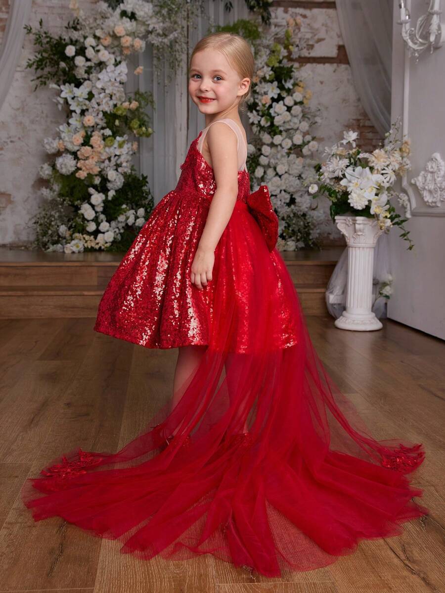 SHEIN Glamorique Kids Vestido de Princesa de Natal com Lantejoulas e Tule com Saia Removível para Festa, Apresentação, Casamento, Temporada de Feriados