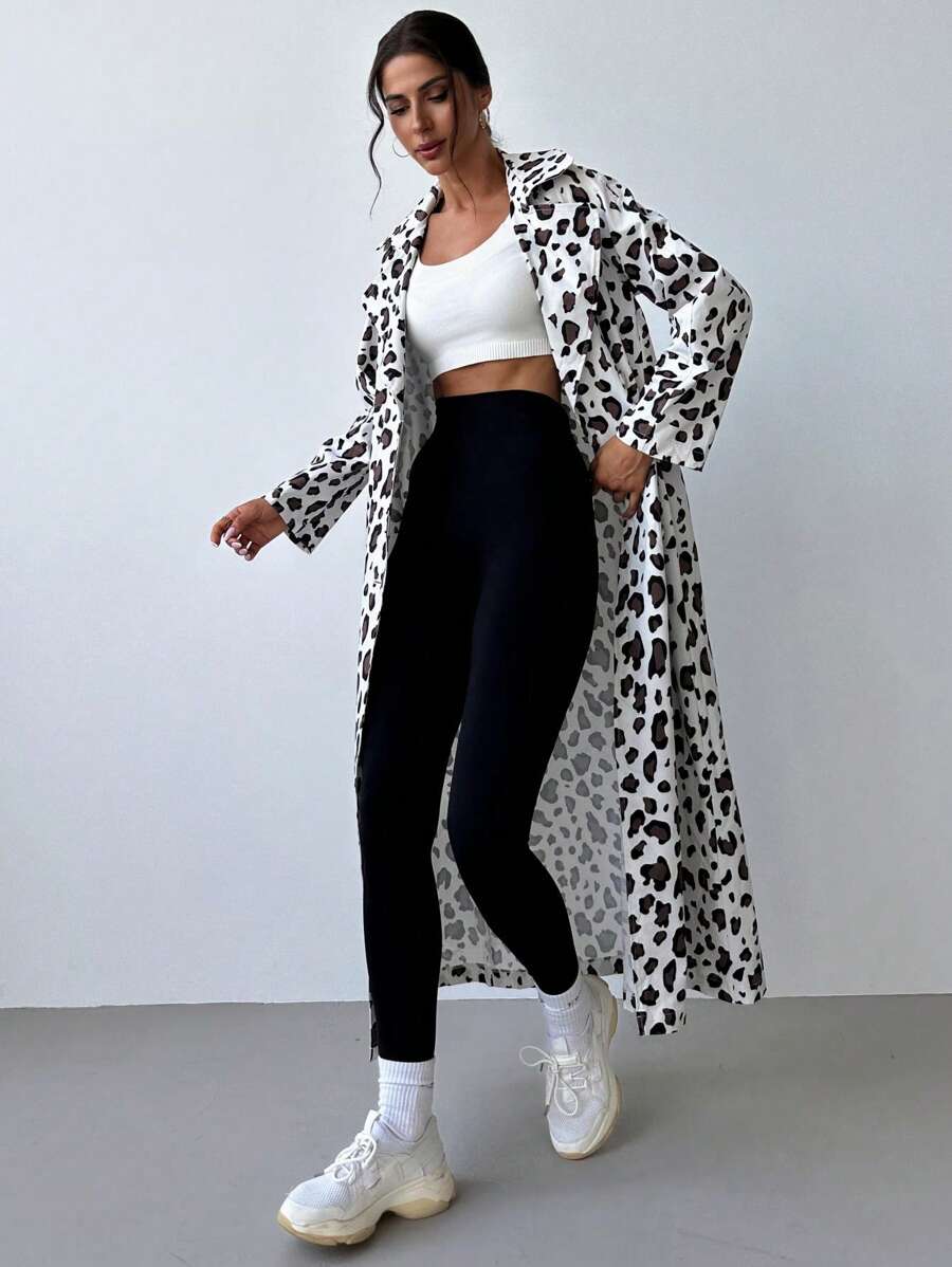 SHEIN Privé Women's Autumn/Winter Fashionable Simple Leopard Print Loose Long Coat
