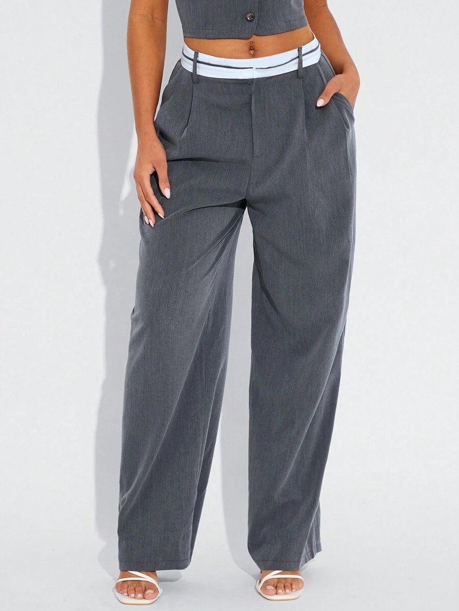 SHEIN SXY Women Contrast Color Waist Pocket Pleated Loose Suit Pants High Waisted Pants