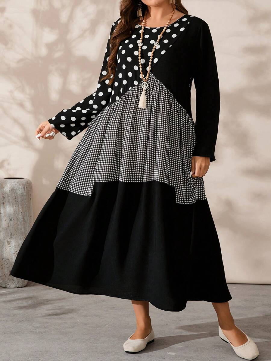 EMERY ROSE Plus Size Crew Neck Long Sleeve Polka Dot & Plaid Contrast Color Charming Fall Dress