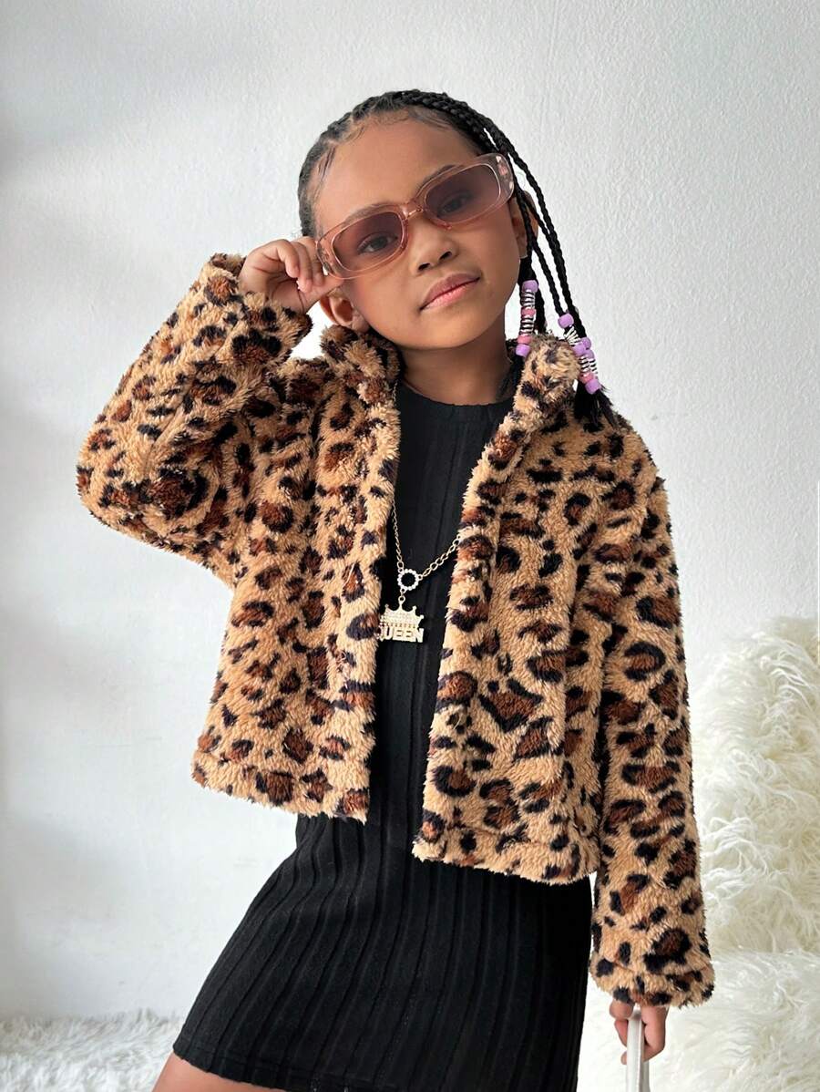 SHEIN Wildeya 2 piezas Conjunto de chaqueta con estampado de leopardo informal + vestido negro de punto acanalado para niña pequeña y niña joven, adecuado para salidas de ocio y uso diario, otoño/invierno