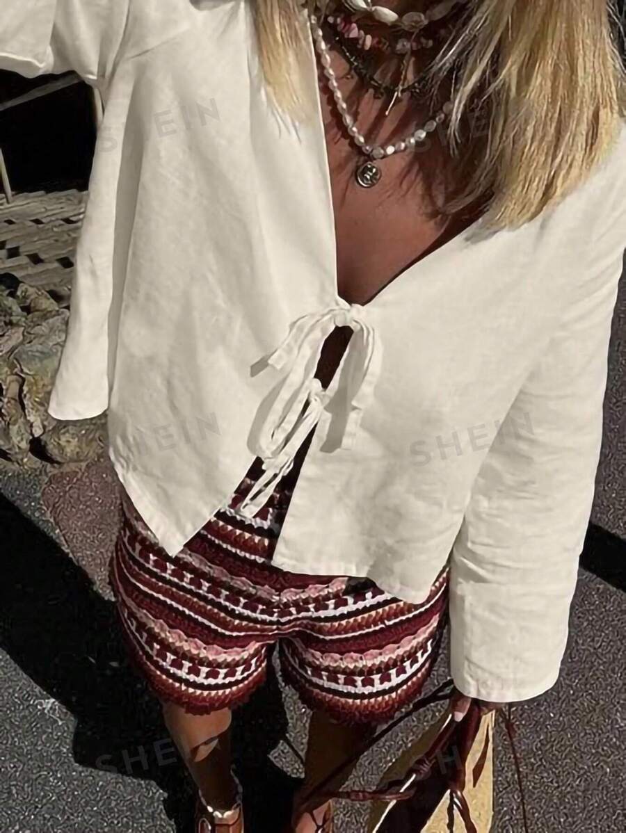 INAWLY Blusa de manga larga atada al frente, sencilla y casual para mujer, ropa de otoño