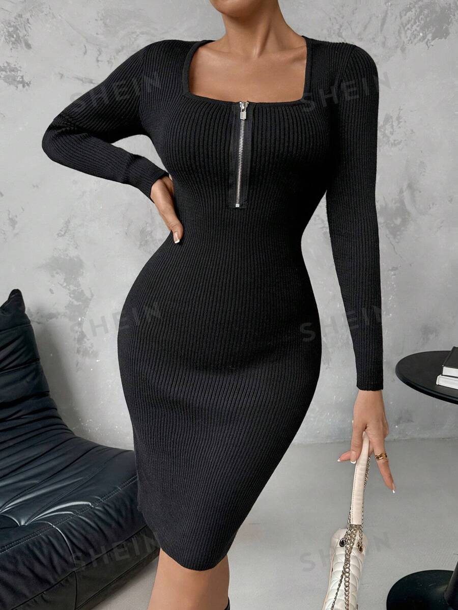 Calvaya Vestido de mujer de punto con cuello redondo, cremallera y manga larga en unicolor, de estilo minimalista y de uso diario