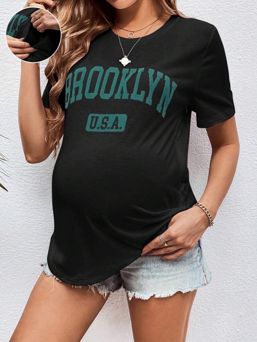 SHEIN Maternity Loose Fit Round Neck Breastfeeding Nursing T-Shirt For Outdoor Sports