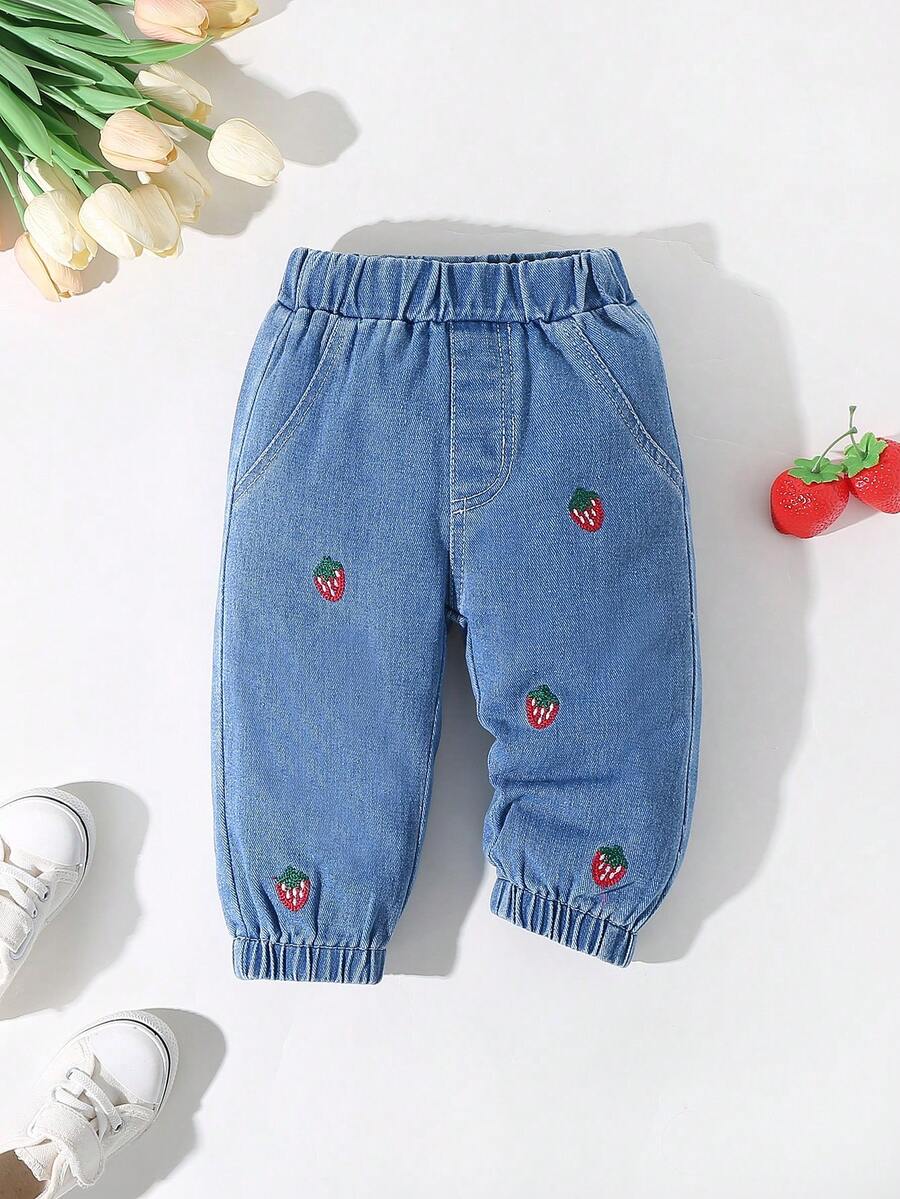 Pantalon en jean doux et confortable avec broderie de fraise, style décontracté et mignon pour bébé fille