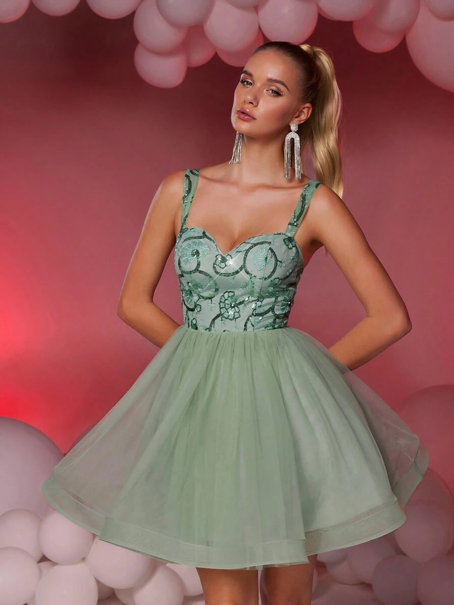 SHEIN Belle Elegant Glamorous Cute Olive Green Spaghetti Strap Sequin Lace Contrast Mesh Tulle Pleated Cocktail Party Dress