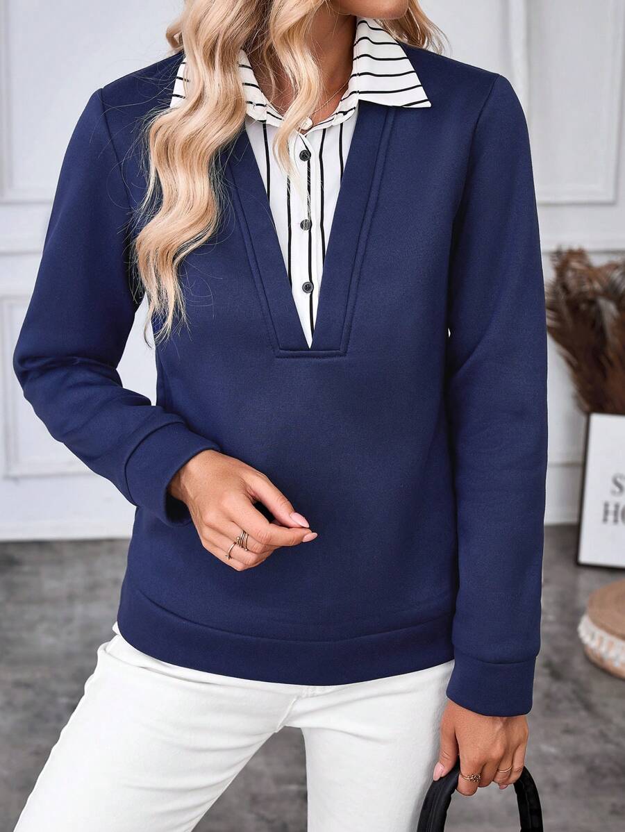 EMERY ROSE Sudadera casual de mujer a rayas con parches y efecto de capa falsa