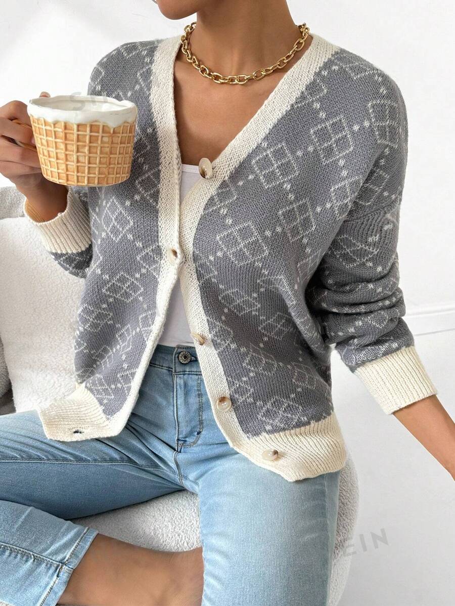 Chiquease Cárdigan de mujer casual de primavera y otoño con patrón geométrico de color contrastante