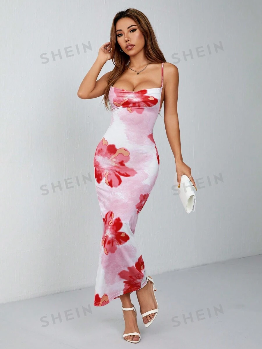 SHEIN PETITE Vestido casual de vacaciones con estampado grande blanco y rojo, con escote cruzado y tirantes traseros para mujer