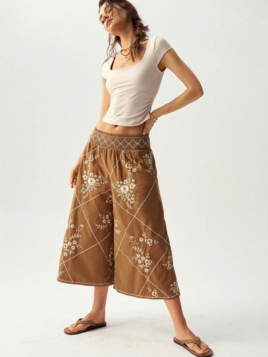 Bohemela Pantalon large et ample à jambe évasée avec décoration brodée pour femmes, adapté aux vacances