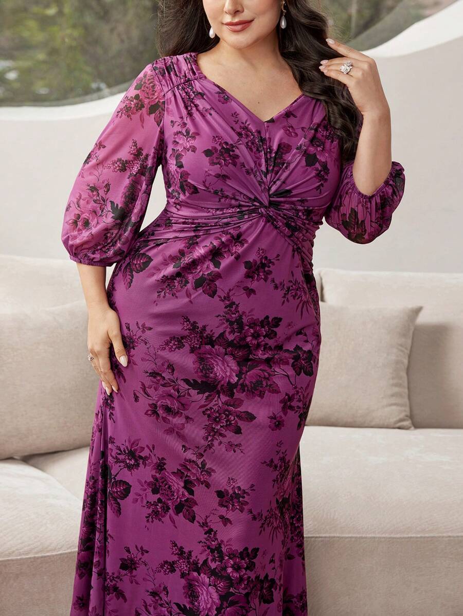 Modelyn Plus Floral Print Twist Front Lantern Sleeve Dress For Summer