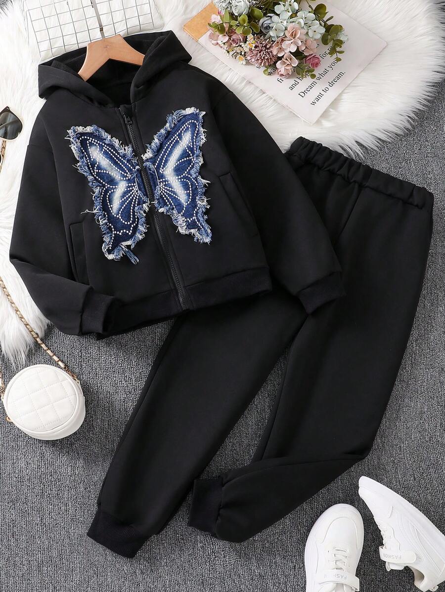 2 Stücke/Set Tween-Mädchen Set aus Kapuzen-Sweatshirt mit Schmetterlings-Patches und Jogginghose