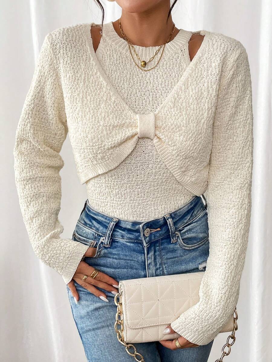SHEIN LUNE 2pcs Women's French Stylish Cold-Shoulder Bow Sweater & Slim Fit Neck Warmer Set, Autumn Winter