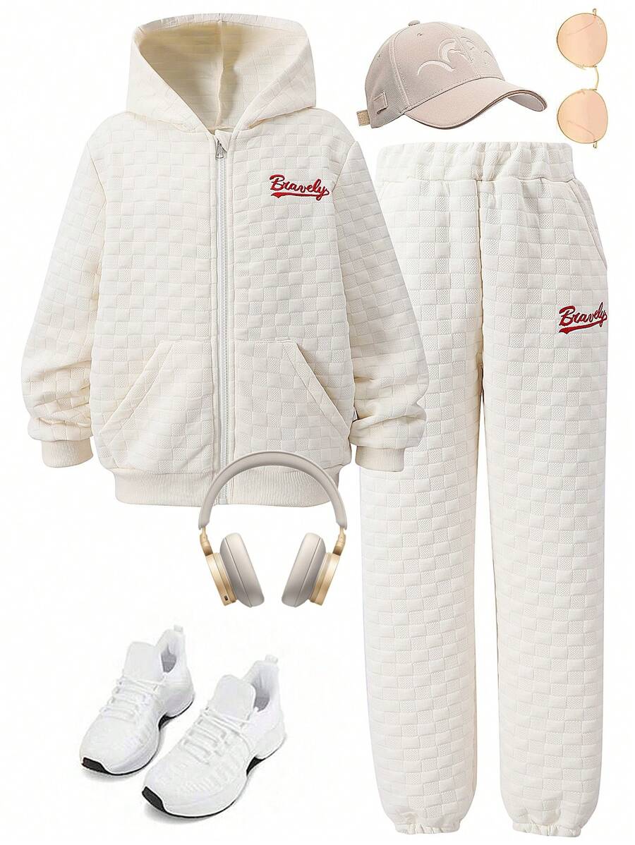 SHEIN Set de 2 piezas de Sudadera y Pantalón de chándal con estampado de letra suelta y texturizada para niña preadolescente, otoño