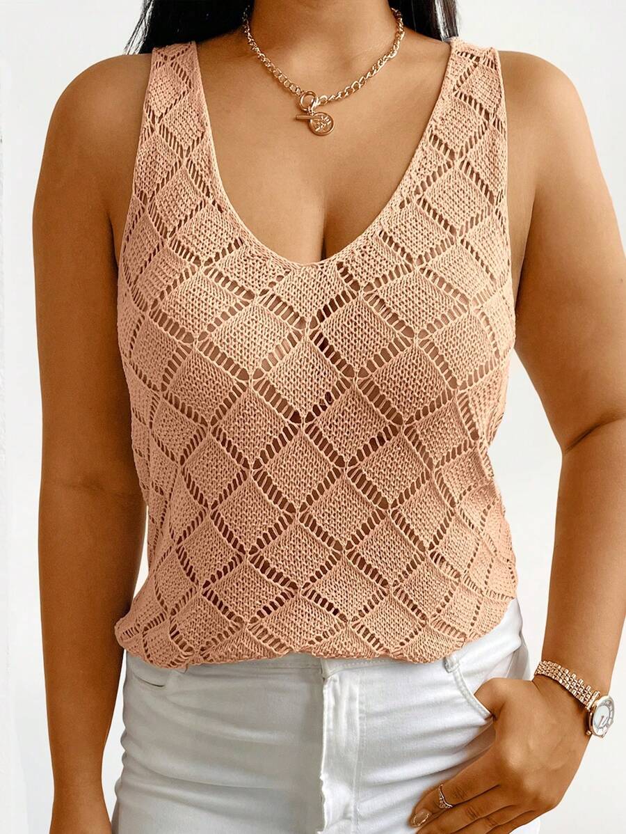 Calvaya Plus Size Sleeveless Solid Color Hollow Out Knit Top, Summer