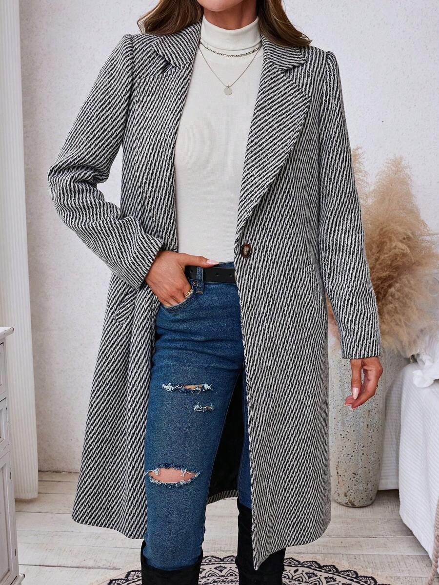 SHEIN LUNE 1pc Casual Single-Breasted Long Sleeve Textured Woolen Coat, Autumn/Winter