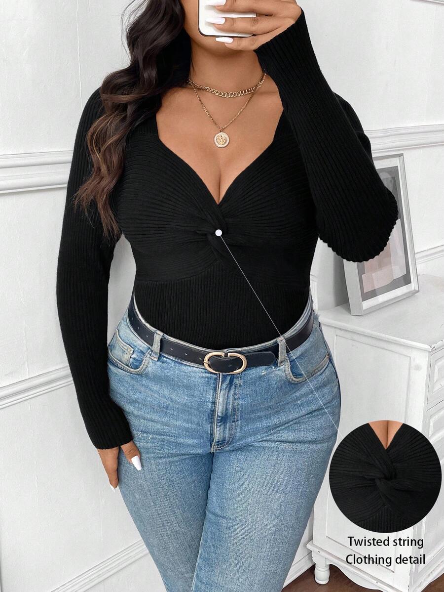 Celure Pull oversize femme, col en cœur, manches longues, tricot twist, couleur unie