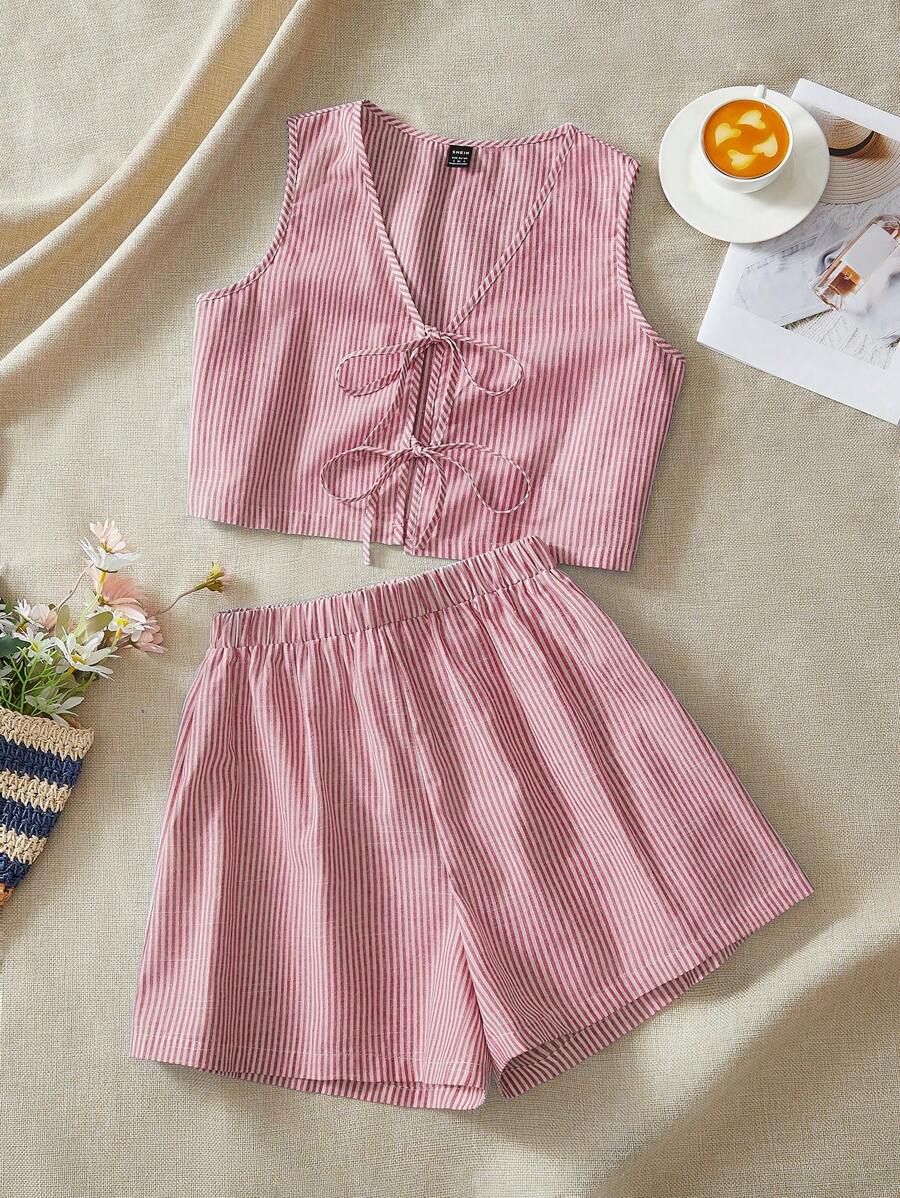 SHEIN VCAY Women's Casual Woven Striped Camisole Top & High Waist Loose Shorts 2 Pieces Set
