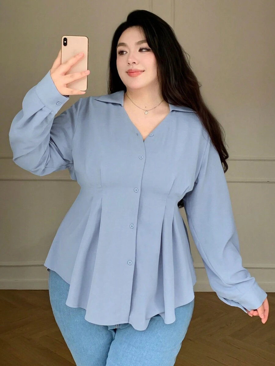 Dazy Plus Plus Size Plain Color Cinched Waist Shirt, Spring/Summer/Autumn