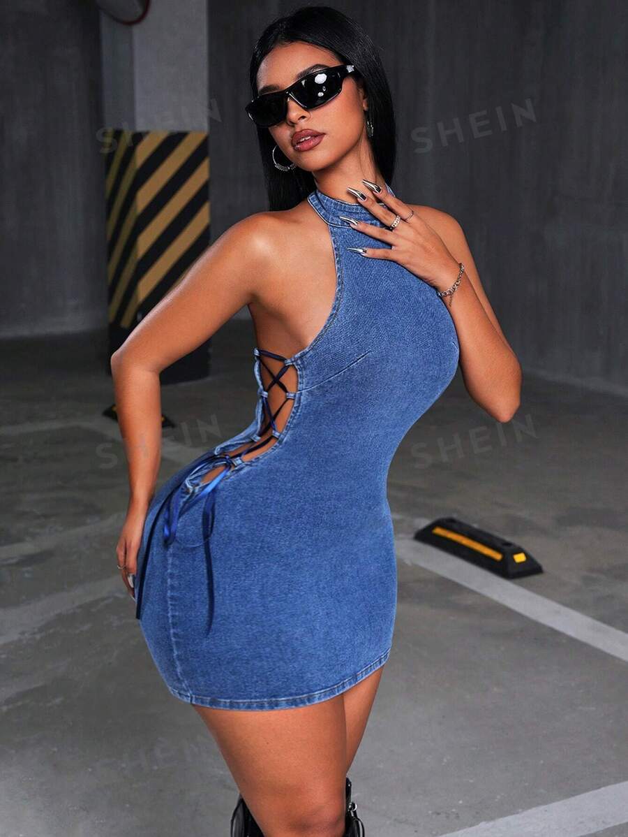 SHEIN ICON Vestido midi de verano de mujer en denim con tirantes de espagueti y ajuste ajustado con atar a los lados