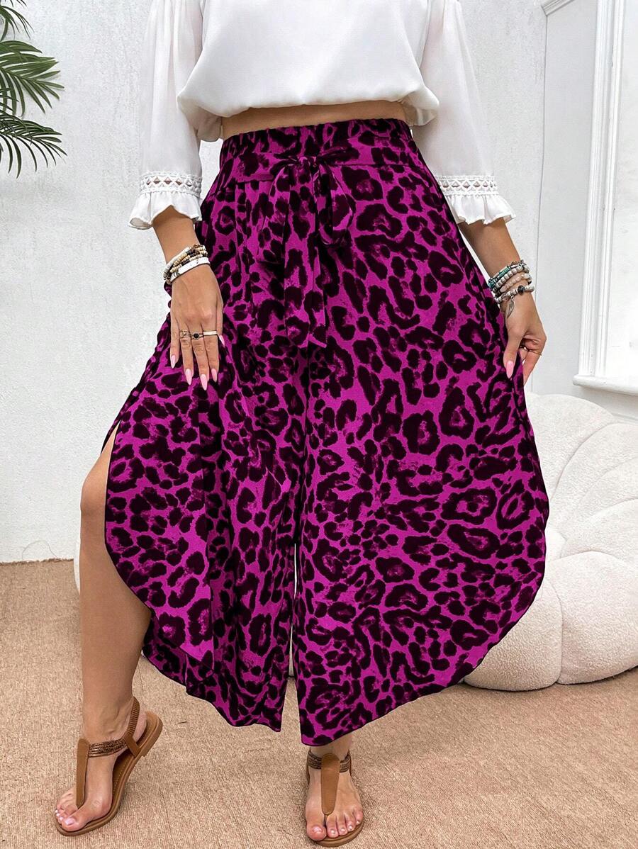 SHEIN VCAY Plus Size Asymmetrical Hem Leopard Print Wide Leg Pants, Casual