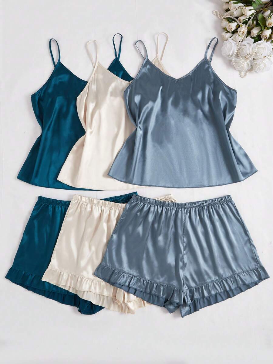 Set de 6 piezas de pijama de talla grande con camiseta sin mangas y shorts de unicolor de seda sintética, para vacaciones