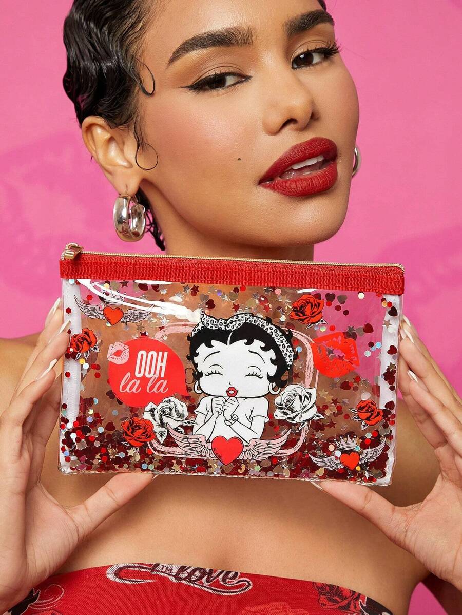 Betty Boop x SHEIN Estuche de cosméticos transparente brillante con personajes de dibujos animados y estampado floral de rosas, regalo para el amante