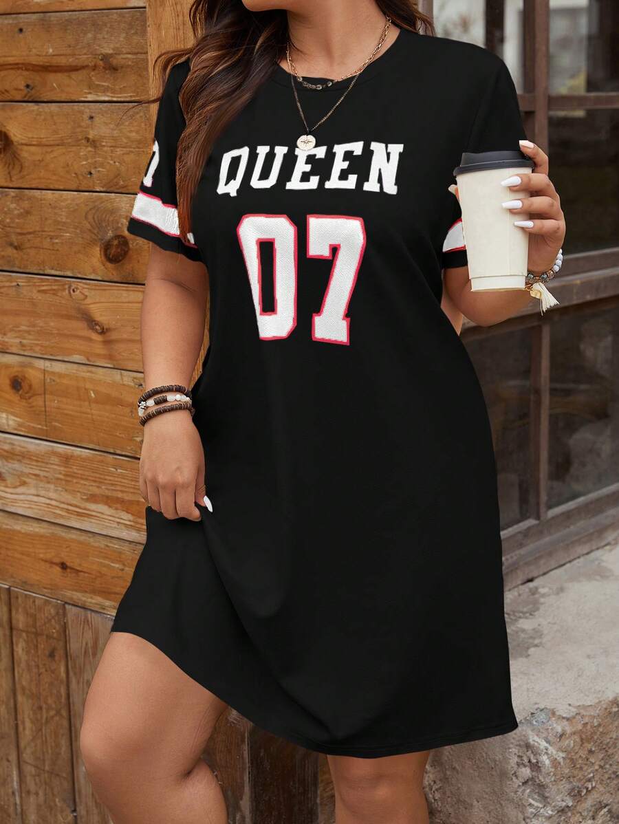 SHEIN LUNE Plus Size Women's Summer Letter Print Crew Neck Short Sleeve Casual T-Shirt Dress