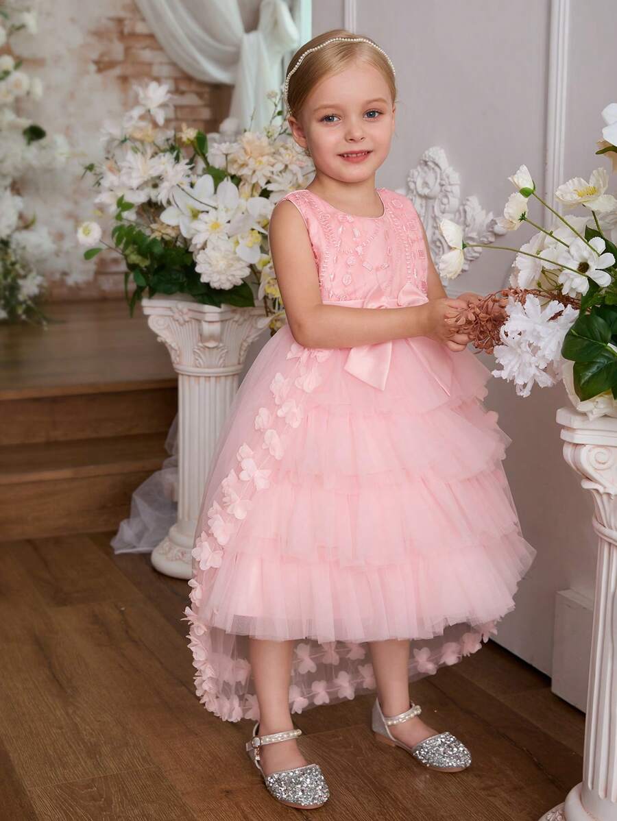 SHEIN Glamorique Kids Sukienka Tutu dla Dziewczynki z Kwiatami na Boże Narodzenie, 3-warstwowa bufiasta koronkowa błyszcząca sukienka księżniczki z kokardą, formalna suknia na przyjęcie weselne dla małych dziewczynek