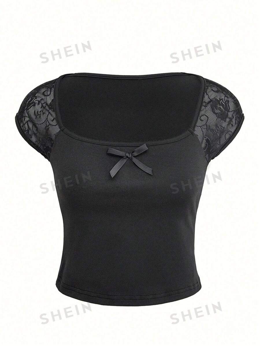 SHEIN LUNE Camiseta corta de mujer con mangas de encaje negro y parches