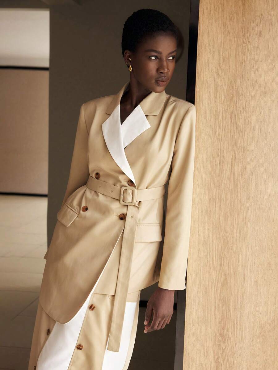 BizChic Women's Colorblock Lapel Long Sleeve Waist Tie Casual Asymmetric Belted Blazer