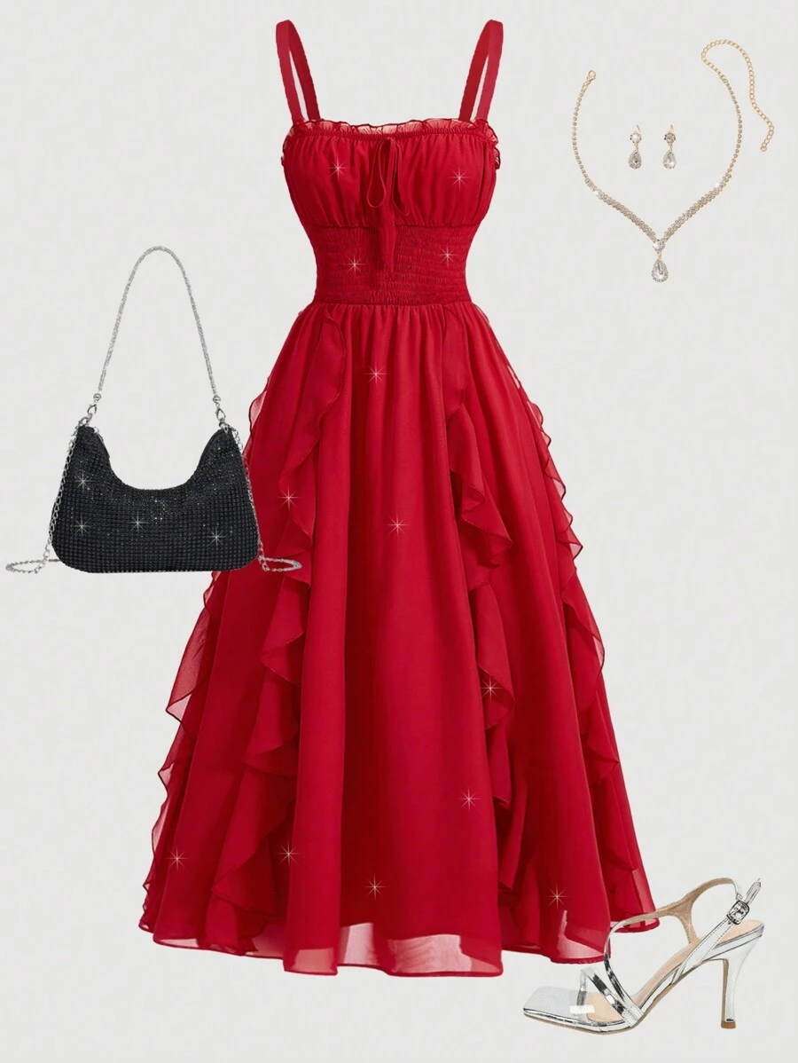 SHEIN Girlism Vestido largo de gasa con volantes y tirantes para niña adolescente, elegante y de color liso