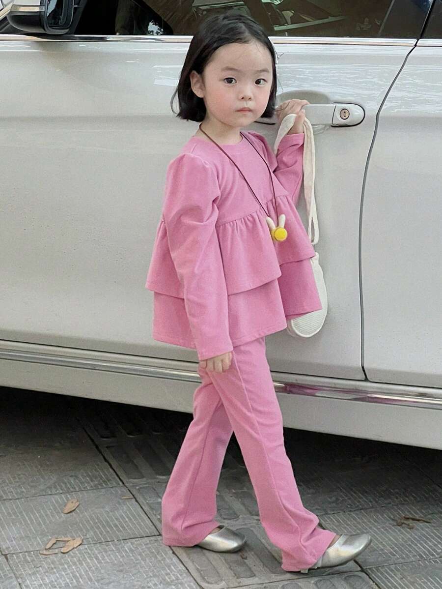 DAZY 2pcs/Set Young Girl Solid Color Crew Neck Long Sleeve Ruffle Hem Top And Pants Casual Outfit, Spring Autumn