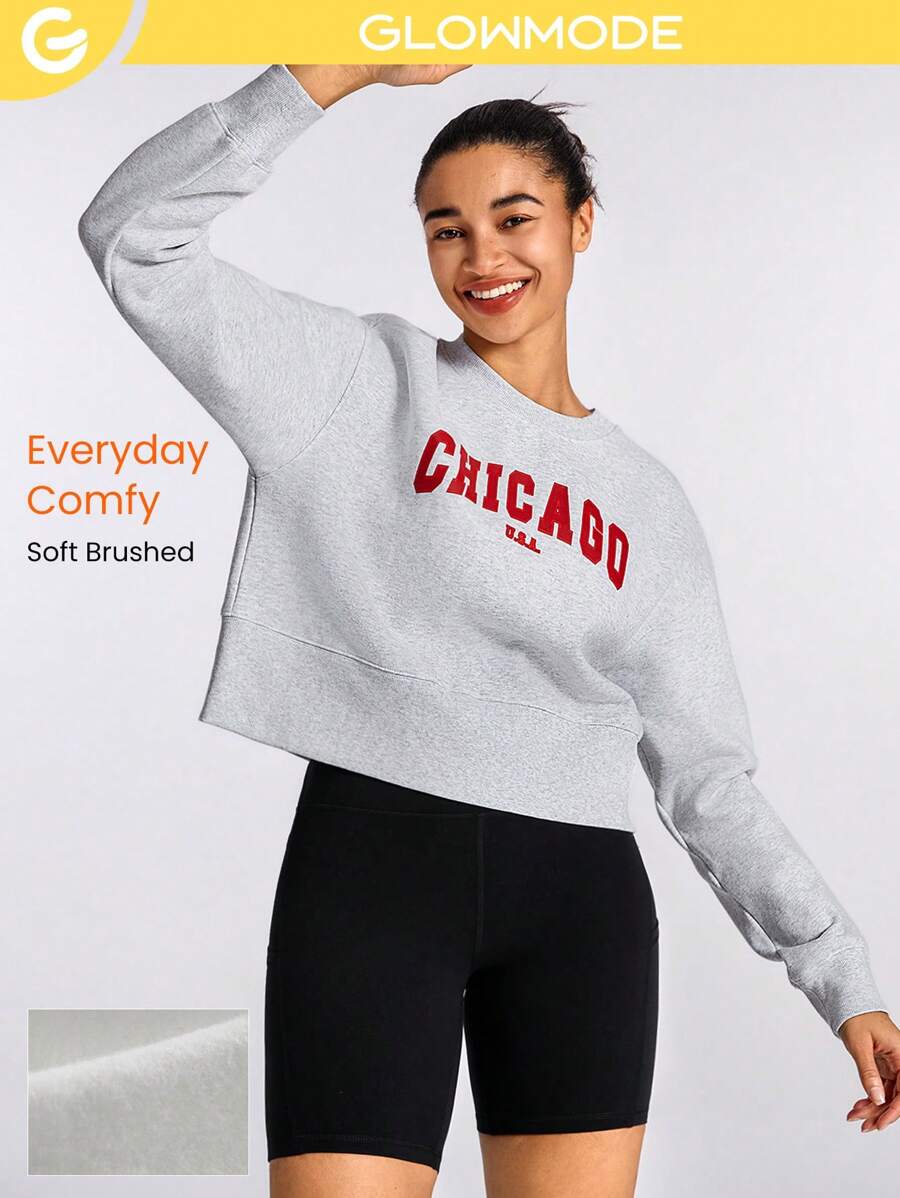 GLOWMODE Cotton-Blend Fleece Graphic Ribbed Hem Oversized Crew Neck Sweatshirt