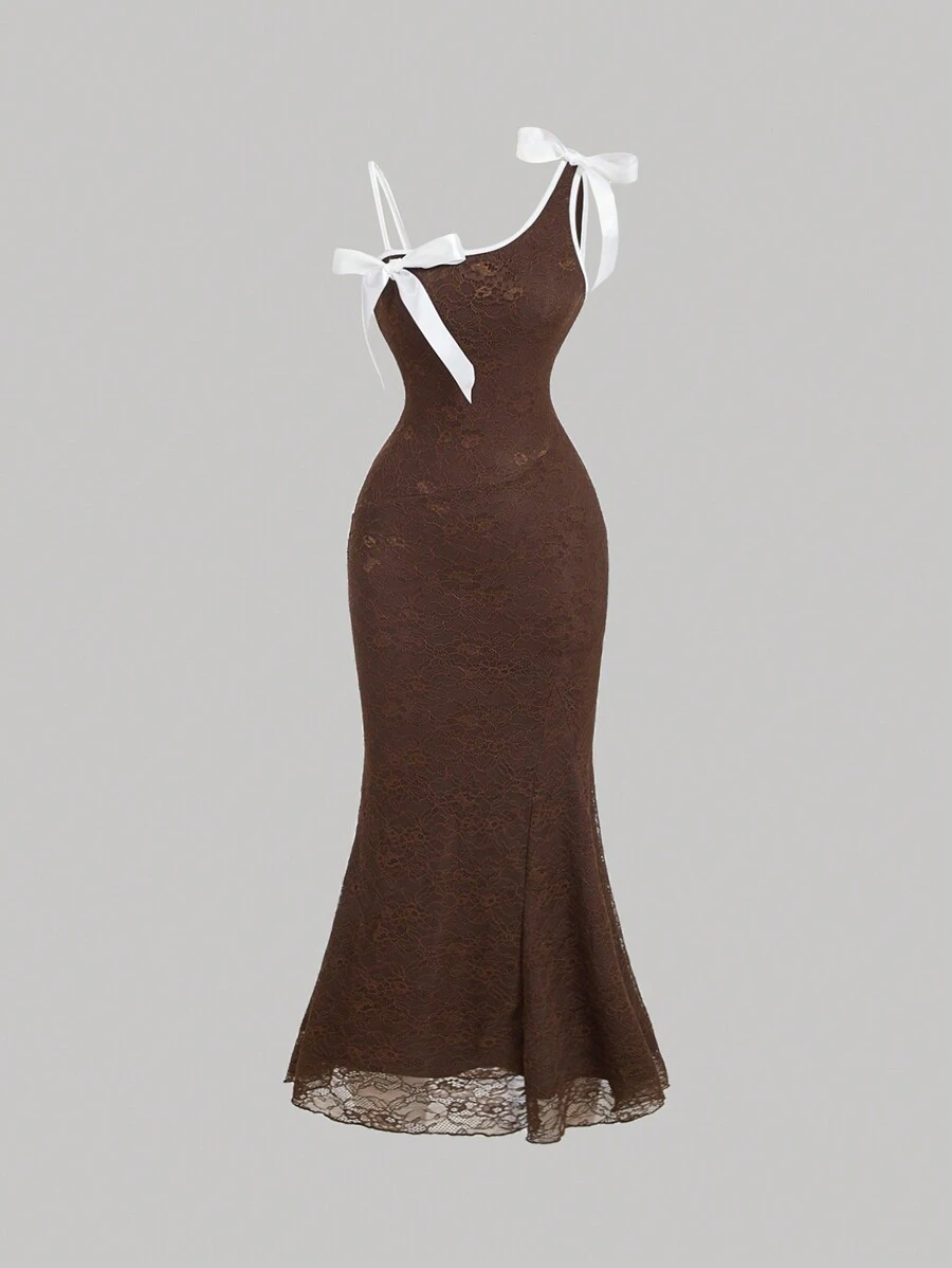 SHEIN MOD Asymmetric Shoulder Straps, Bow Accent, Ruched Fishtail Hem Summer Dress For Women