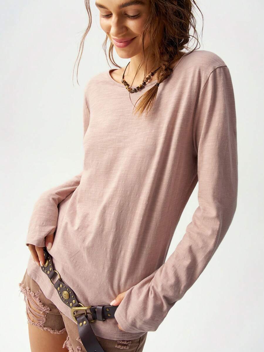 Bohemela Effen kleur ronde hals lange mouw maxi T-shirt voor dames
