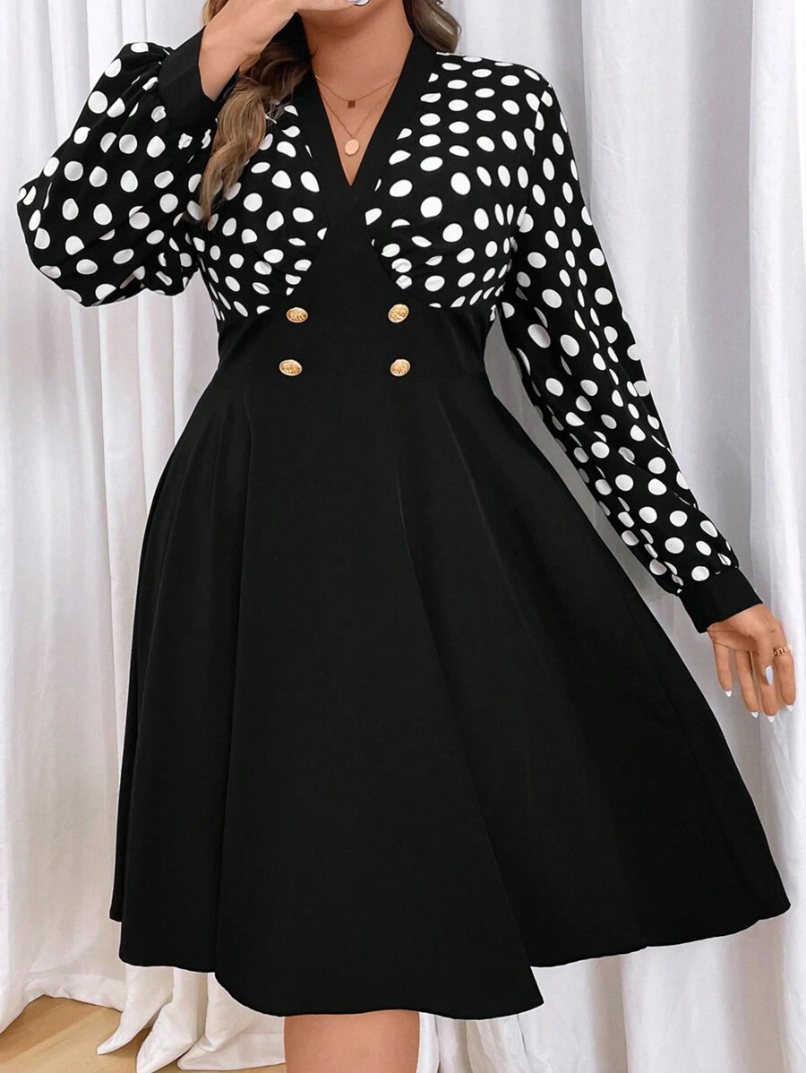 Celure Plus Size V-Neck Contrast Color Polka Dot Patchwork Waist Cinched Printed Metal Button Decor Dress