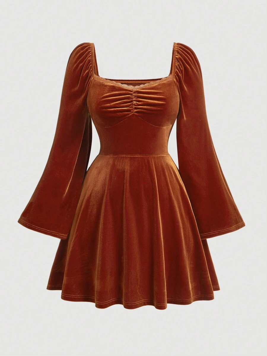 SHEIN MOD Vestido de terciopelo con cuello cuadrado vintage marrón, volantes y plisados, y mangas acampanadas para talla grande