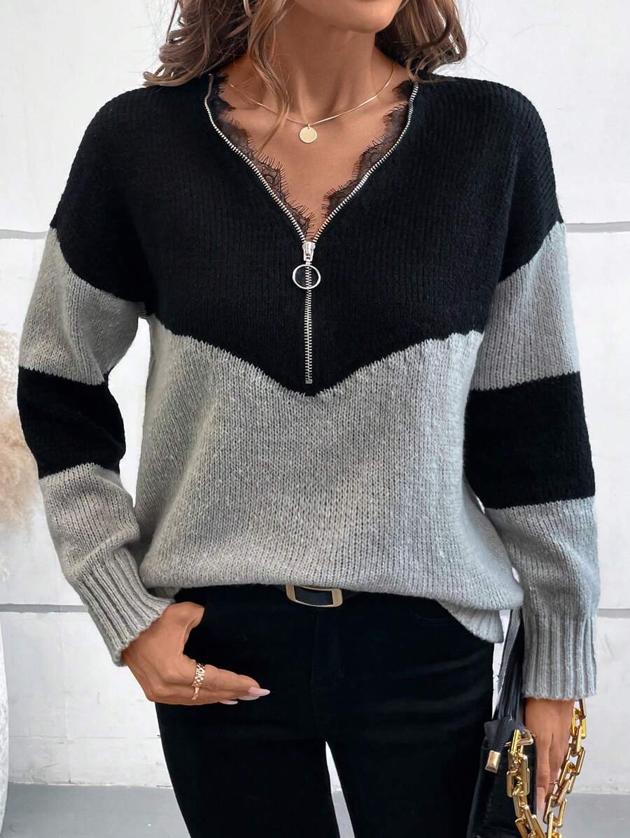 SHEIN LUNE Fashionable New Zip-Up Knitted Sweater, European And American Design Sense, Lace Patchwork, Casual Versatile Pullover