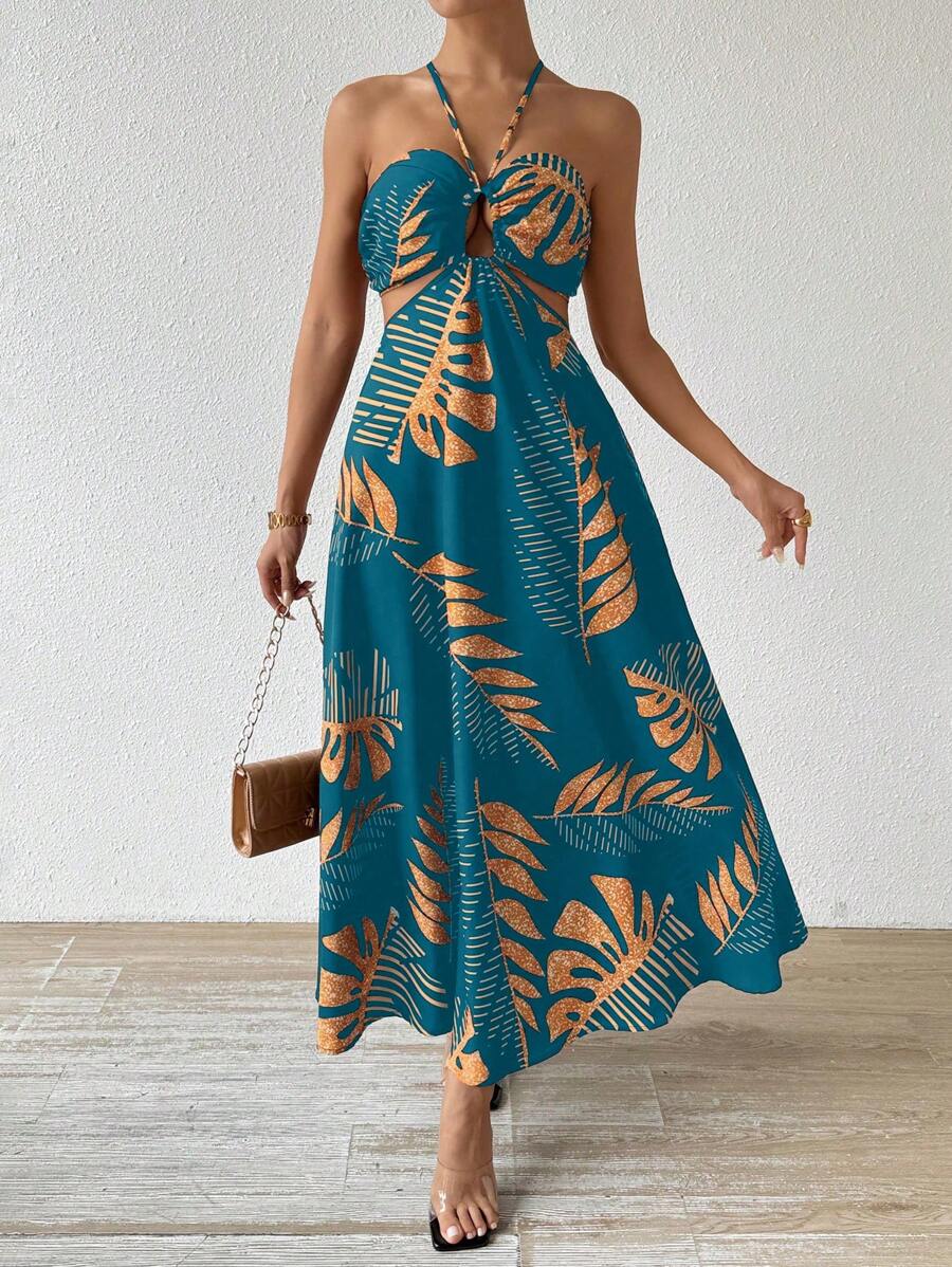 Breezaya Tropical Leaf Print Vacation Beach Dress