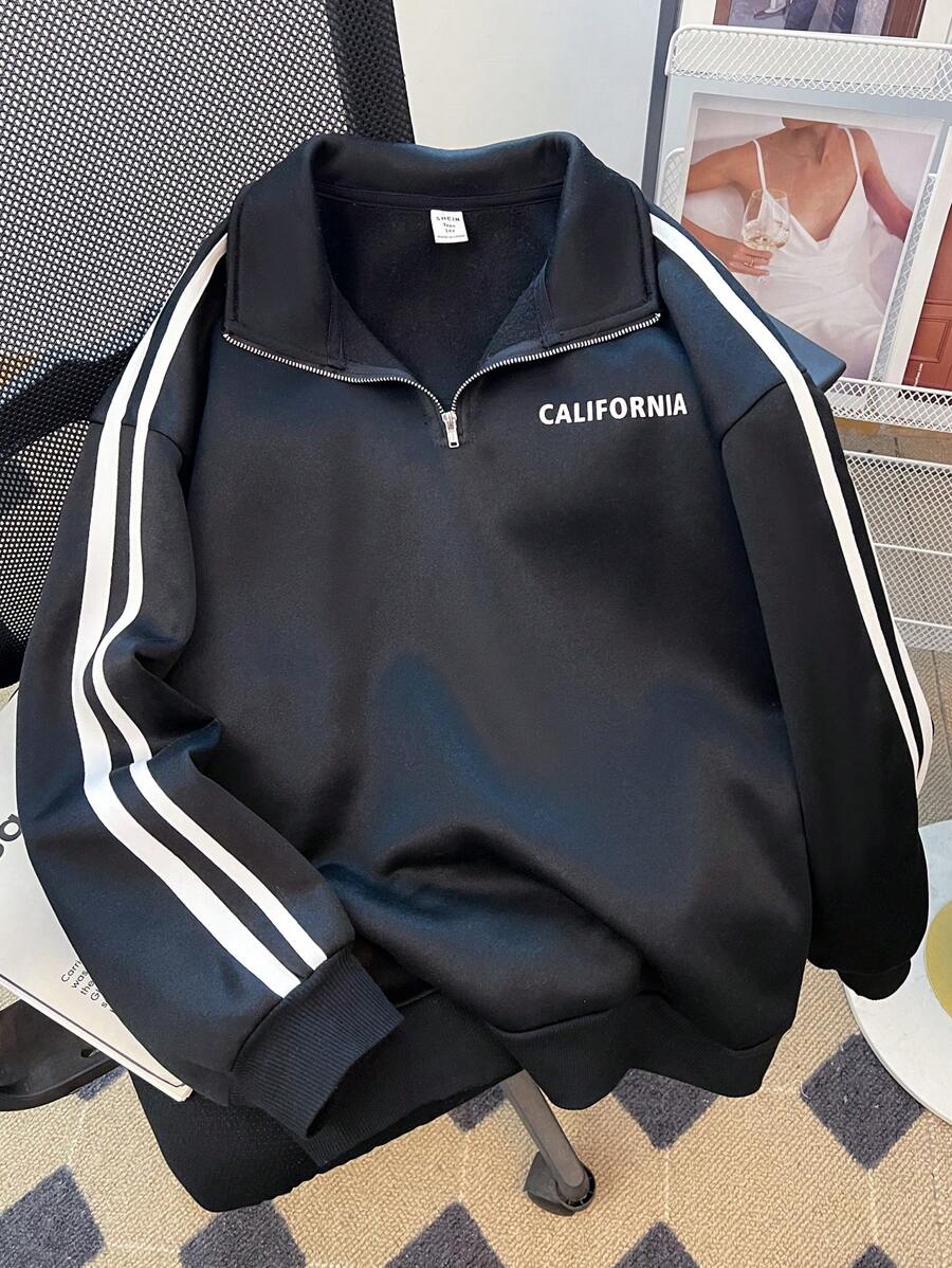 Sudadera holgada de punto negro para adolescentes con estampado universitario en inglés de estilo casual
