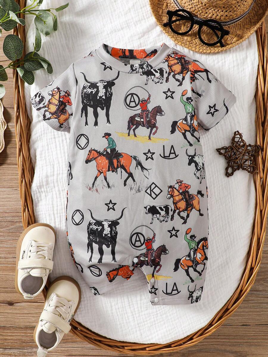 Baby Boys Casual Print Crew Neck Short Sleeve Romper, Summer