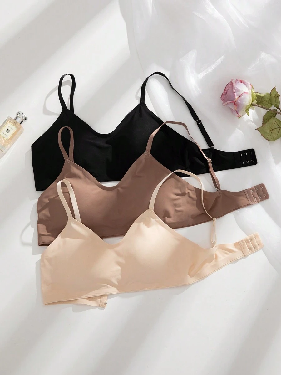 3 piezas Sujetador sin costuras de color liso con almohadillas extraíbles